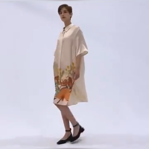 LATTELIER Floral Print Silk Short Sleeve Shirt Dress M - Picture 4 of 11